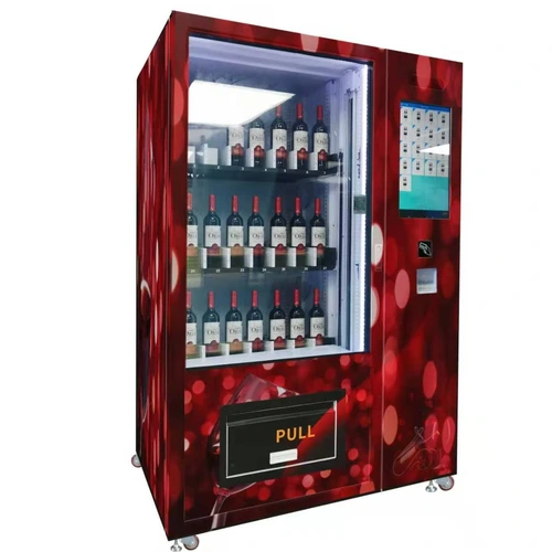 Micron wine vending machine with elevator system, this vending machine is suitable for glass bottle drink, elevator will deliver wine to pick up box